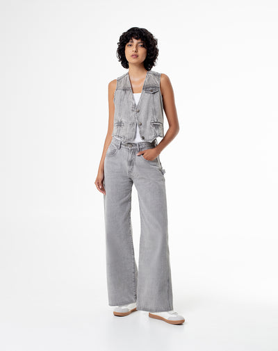 Pantalón relaxed fit tiro alto denim gris