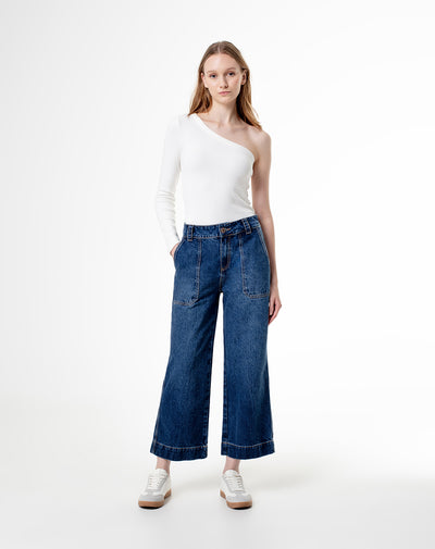 Jean culotte fit tiro medio indigo claro