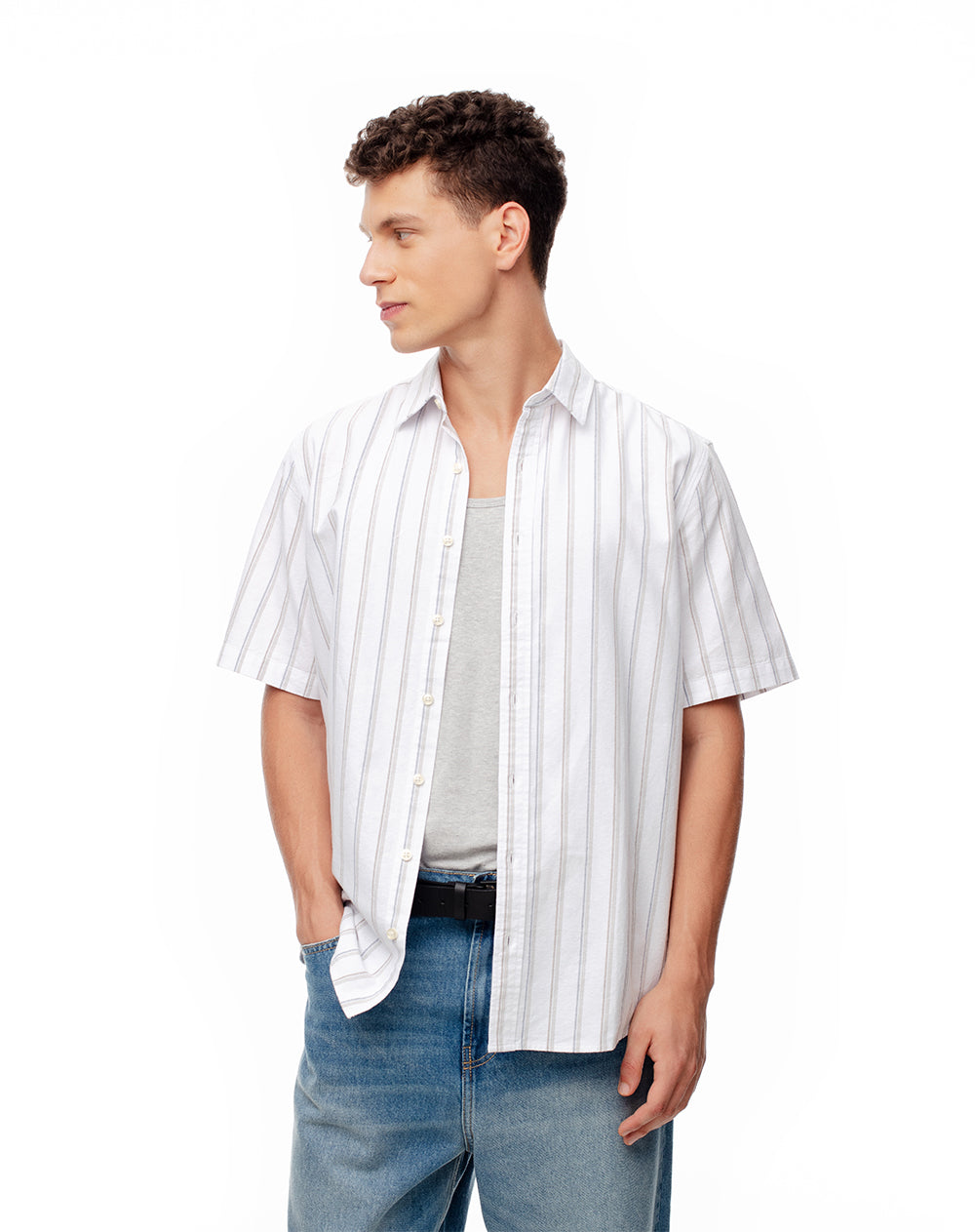 Camisa regular fit manga corta blanca con rayas