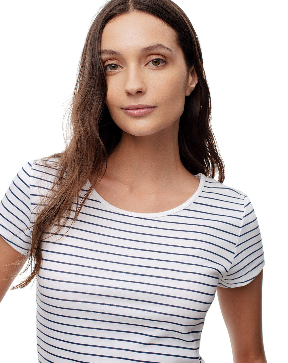 Camiseta Manga Corta Blanca con Rayas Azules para Mujer