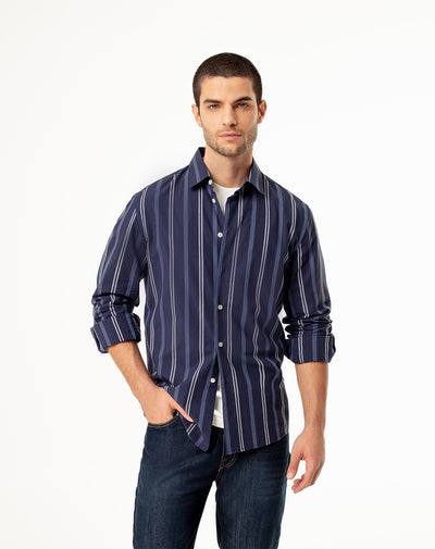 Camisa slim fit manga larga azul con rayas