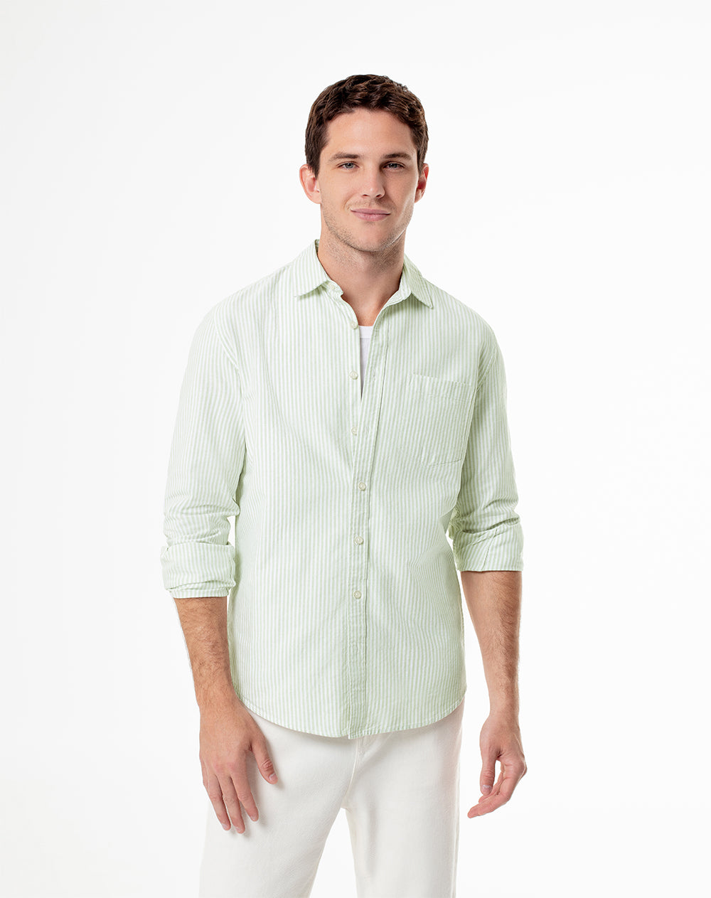 Camisa slim fit manga larga verde con rayas