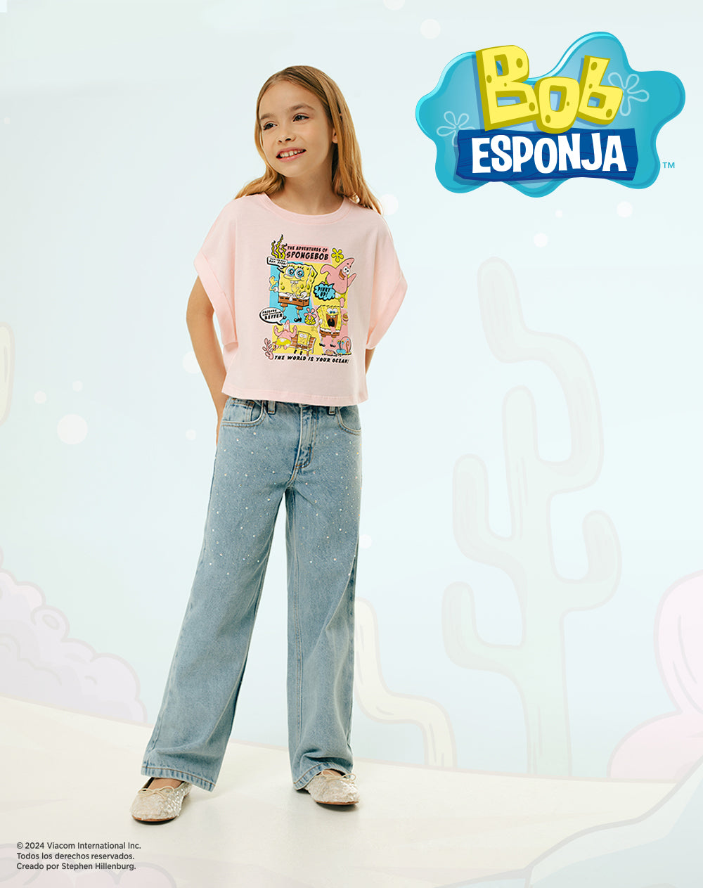 Camiseta bob esponja manga corta rosada