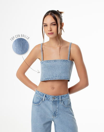 Crop top brillos tiras indigo claro