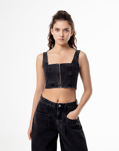 Crop top slim fit denim negro