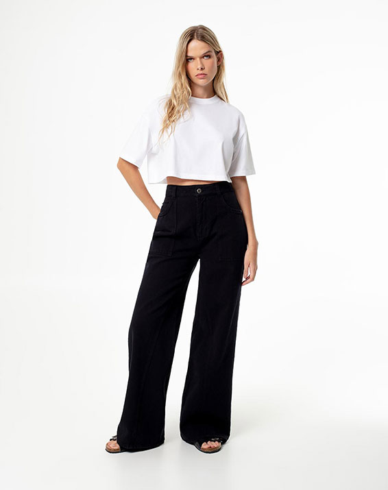 Pantalón ancho negro - Pantalones - Mujer